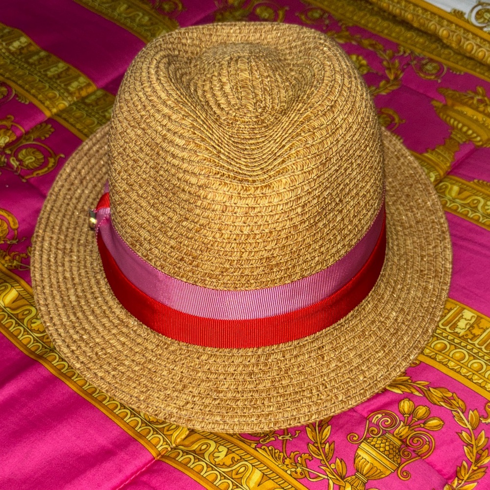 Straw Fedora Hat with Pink & Red Ribbon